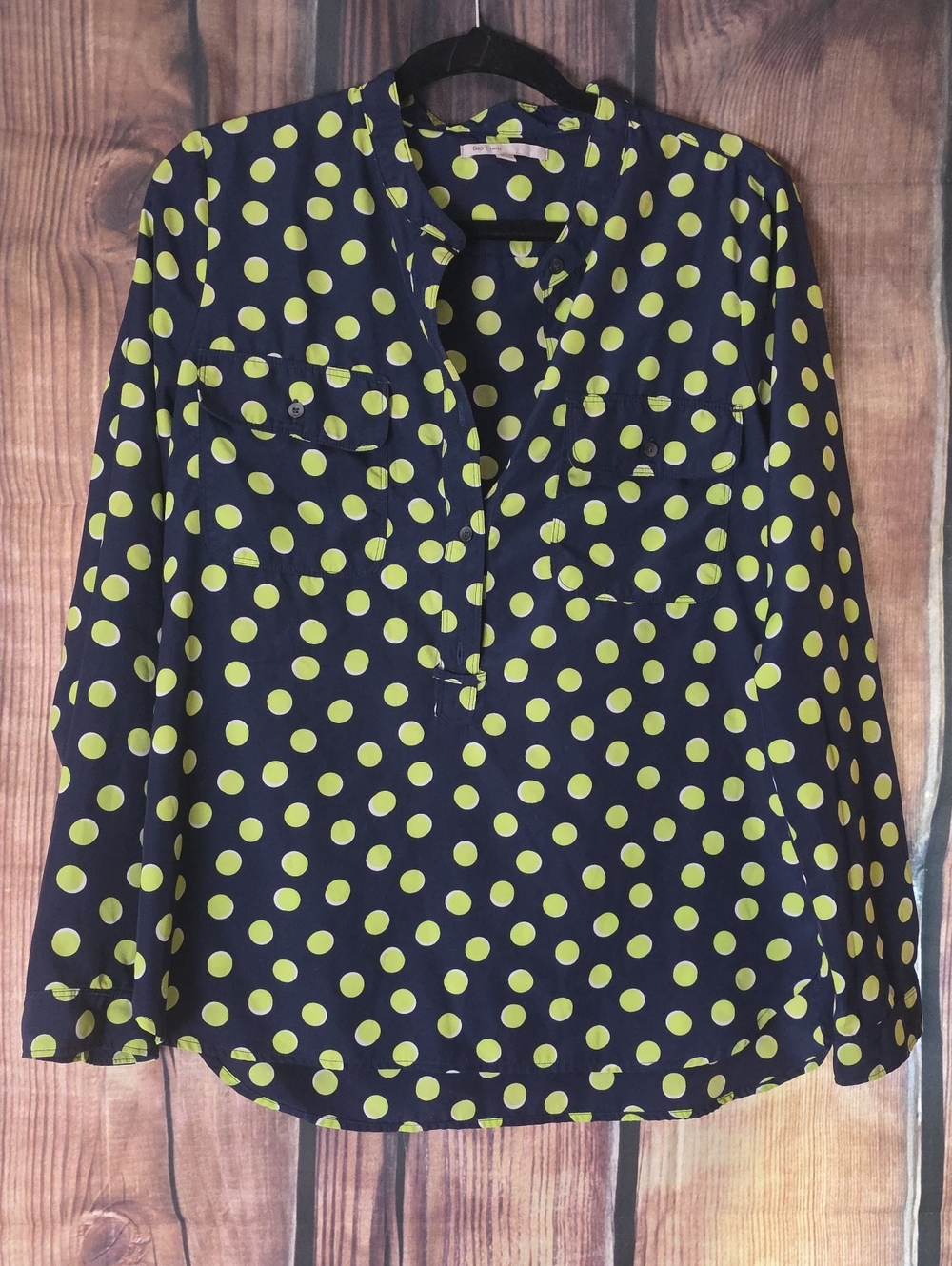 GAP Small Navy Blouse with Lime Green Polka Dots